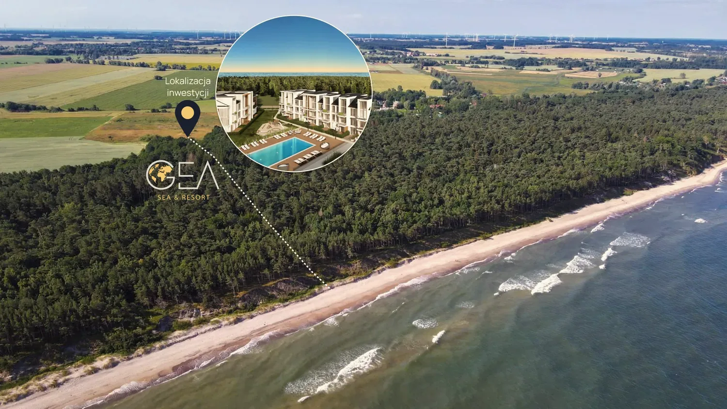 Resort z lotu ptaka — budynki wśród lasu